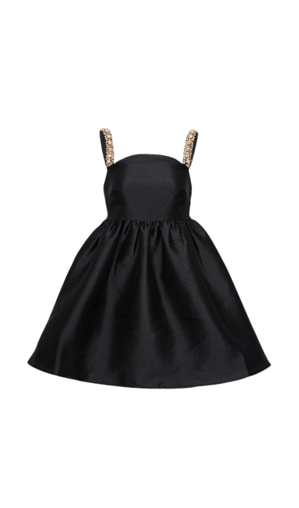 BLACK TAFFETA EMBELLISHED MINI DRESS