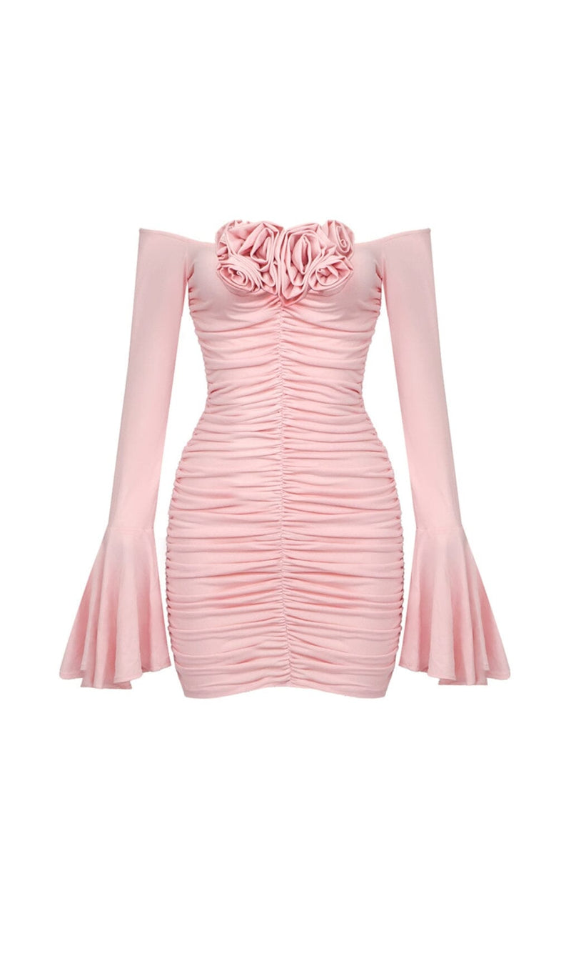 FLOWER-EMBELLISHED RUCHED MINI DRESS IN COTTON CANDY