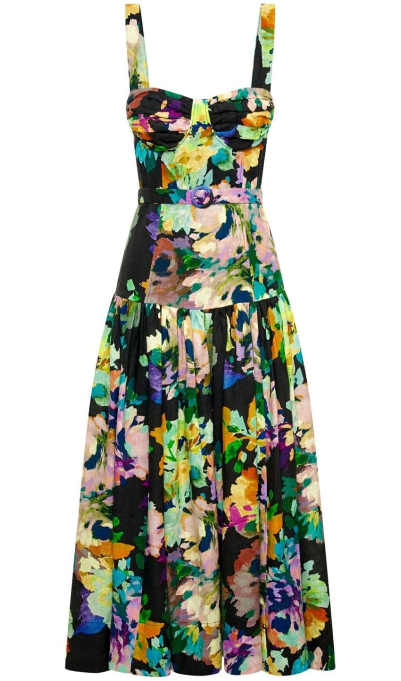 FLORAL STRAPPY MIDI DRESS IN MARTOS BLACK