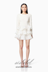 Ruffle trim Long Sleeved Mini Dress in white