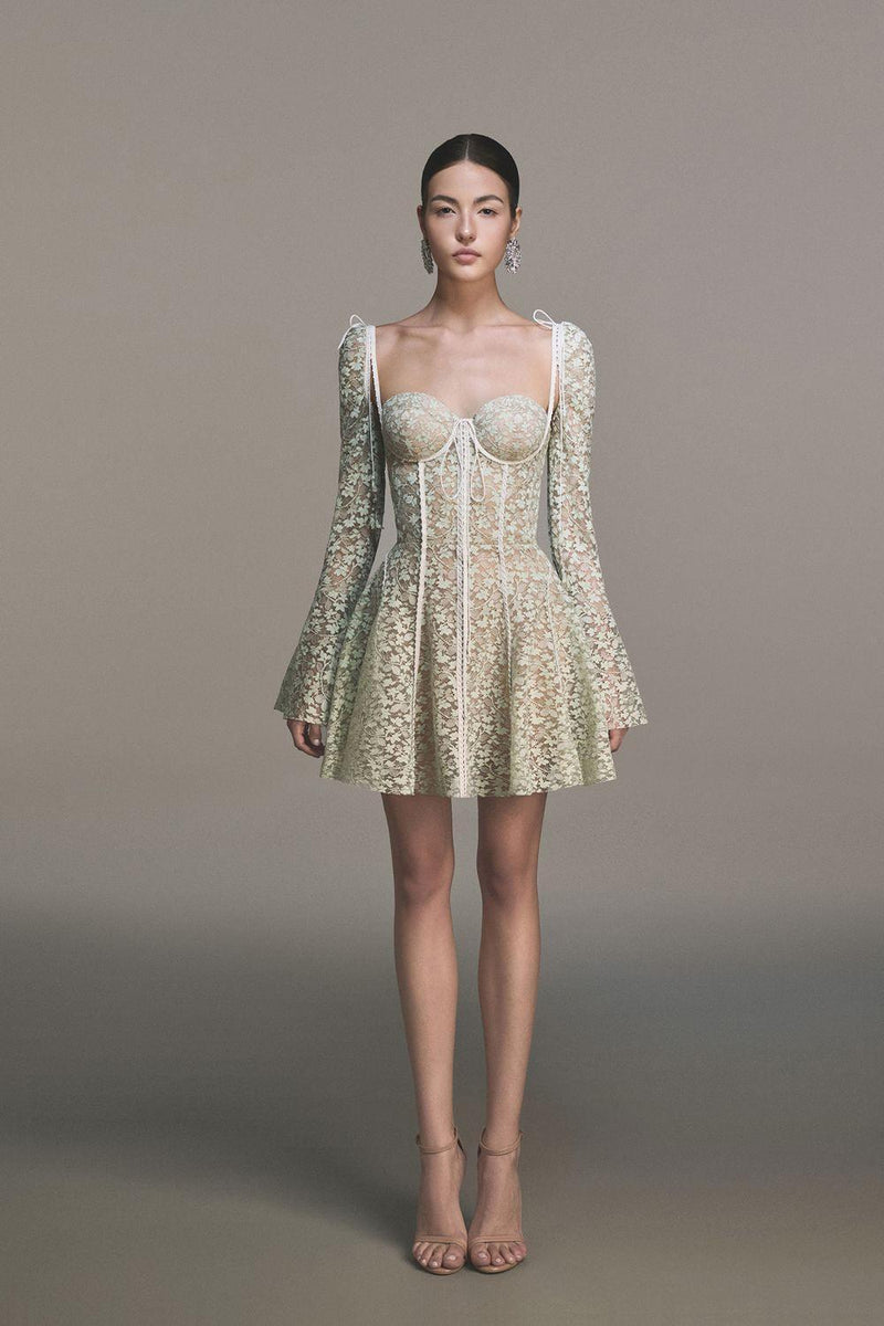 TERESA TRUMPET SLEEVE LACE EMBROIDERY MINI DRESS IN GREEN