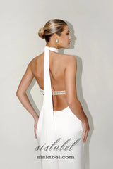 MIGNON SATIN BELT BACKLESS PEARL EMBELLISHED MAXI DRESS IN WHITE