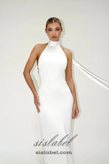 MIGNON SATIN BELT BACKLESS PEARL EMBELLISHED MAXI DRESS IN WHITE