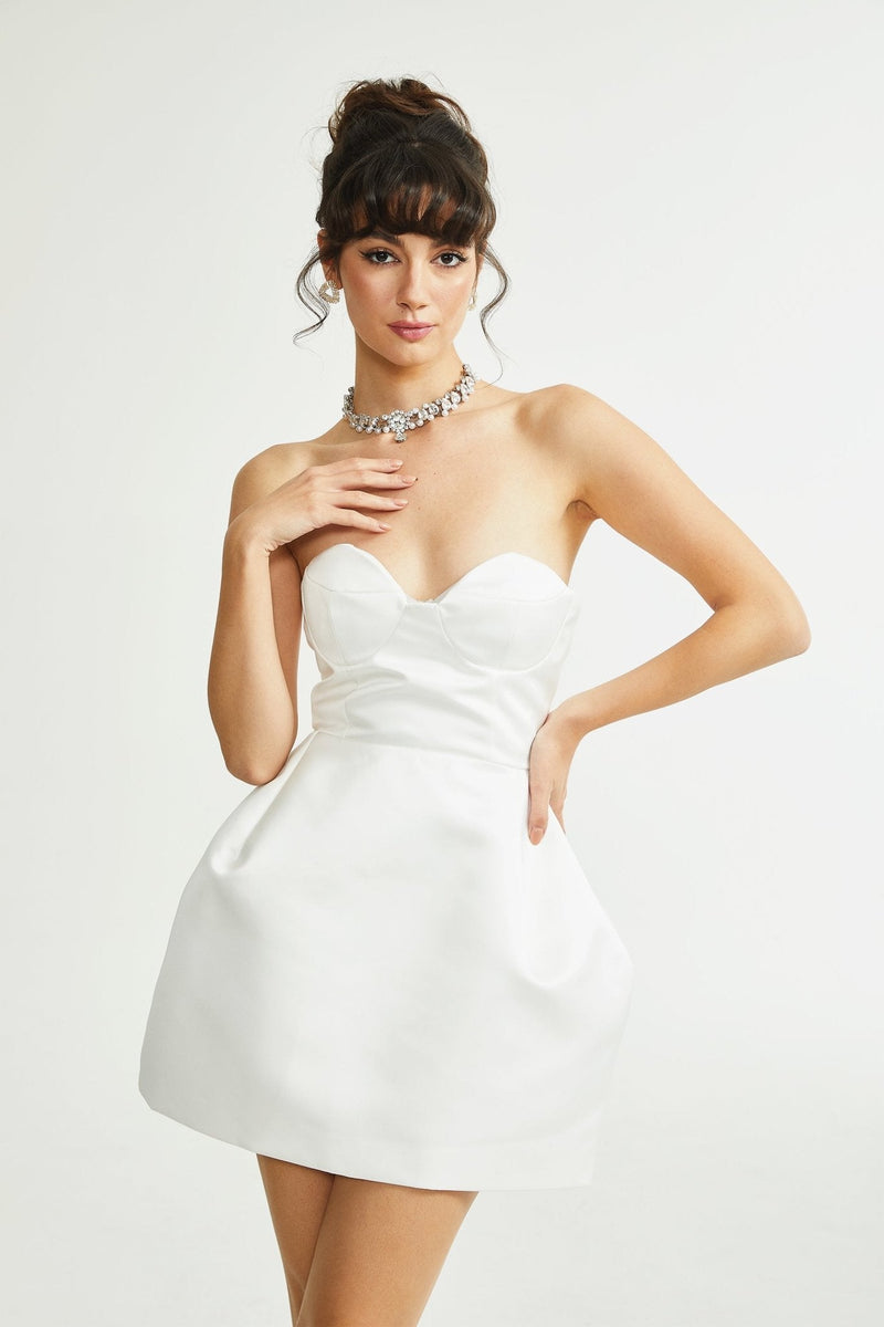 STRAPLESS BUSTIER MINI DRESS IN WHITE