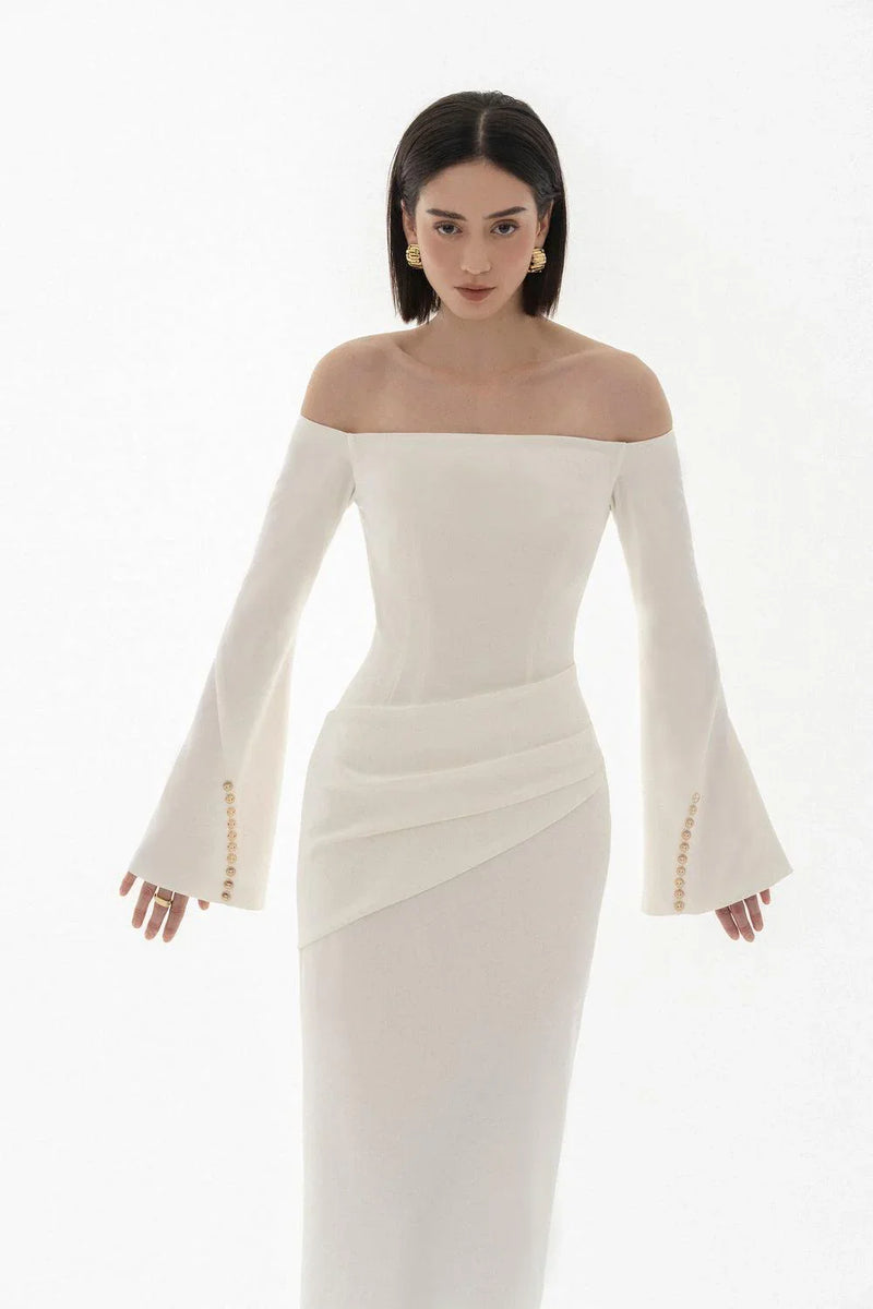 DOROTHY WHITE SHEATH OFF-SHOULDER RUCHED MIDI DRESS