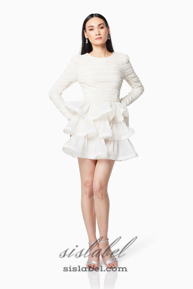 Ruffle trim Long Sleeved Mini Dress in white