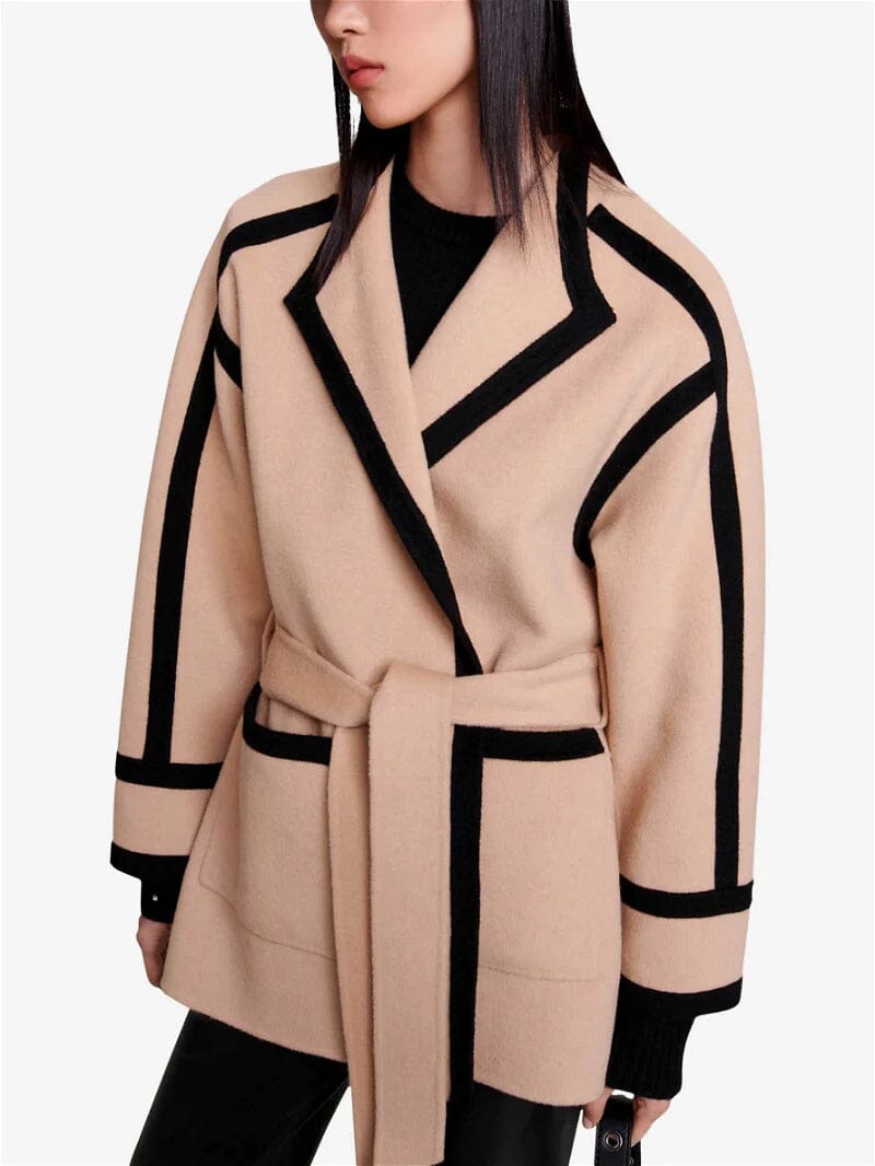 CONTRAST TRIM BELTED COAT