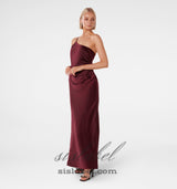 bordeaux one shoulder satin maxi dress