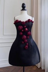 Elegant Burgundy 3D Floral Black Satin Mini Dress