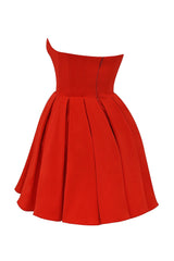 tomato red strapless pleated mini dress