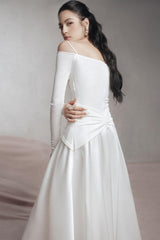 white A-line Cold Shoulder Sleeved Spandex Taffeta Maxi Dress