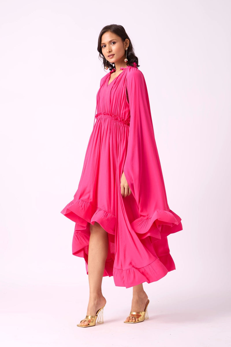 RUFFLE TRIM MAXI DRESS IN ROSE RED