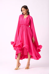 RUFFLE TRIM MAXI DRESS IN ROSE RED