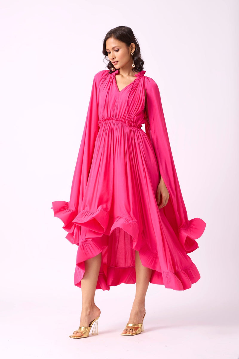 RUFFLE TRIM MAXI DRESS IN ROSE RED