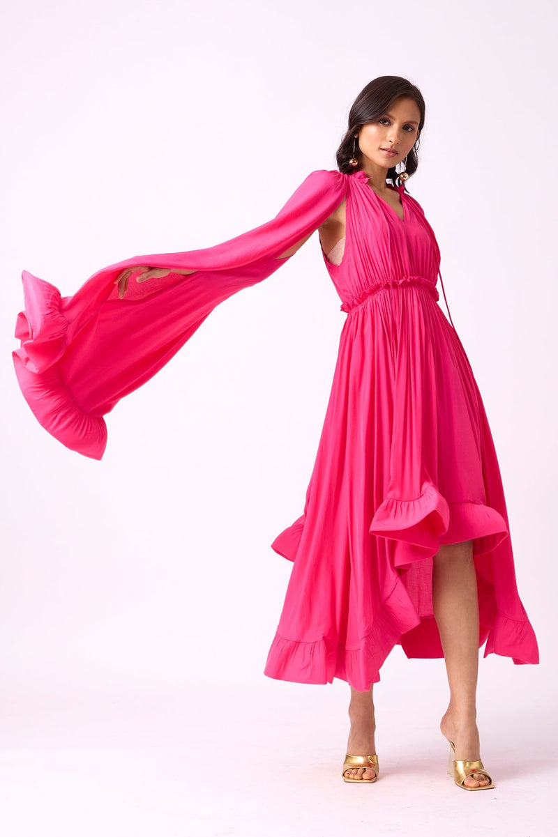 RUFFLE TRIM MAXI DRESS IN ROSE RED