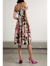 MULTICOLOR OFF-SHOULDER PLEATED FLORAL-PRINT COTTON-BLEND POPLIN DRESS