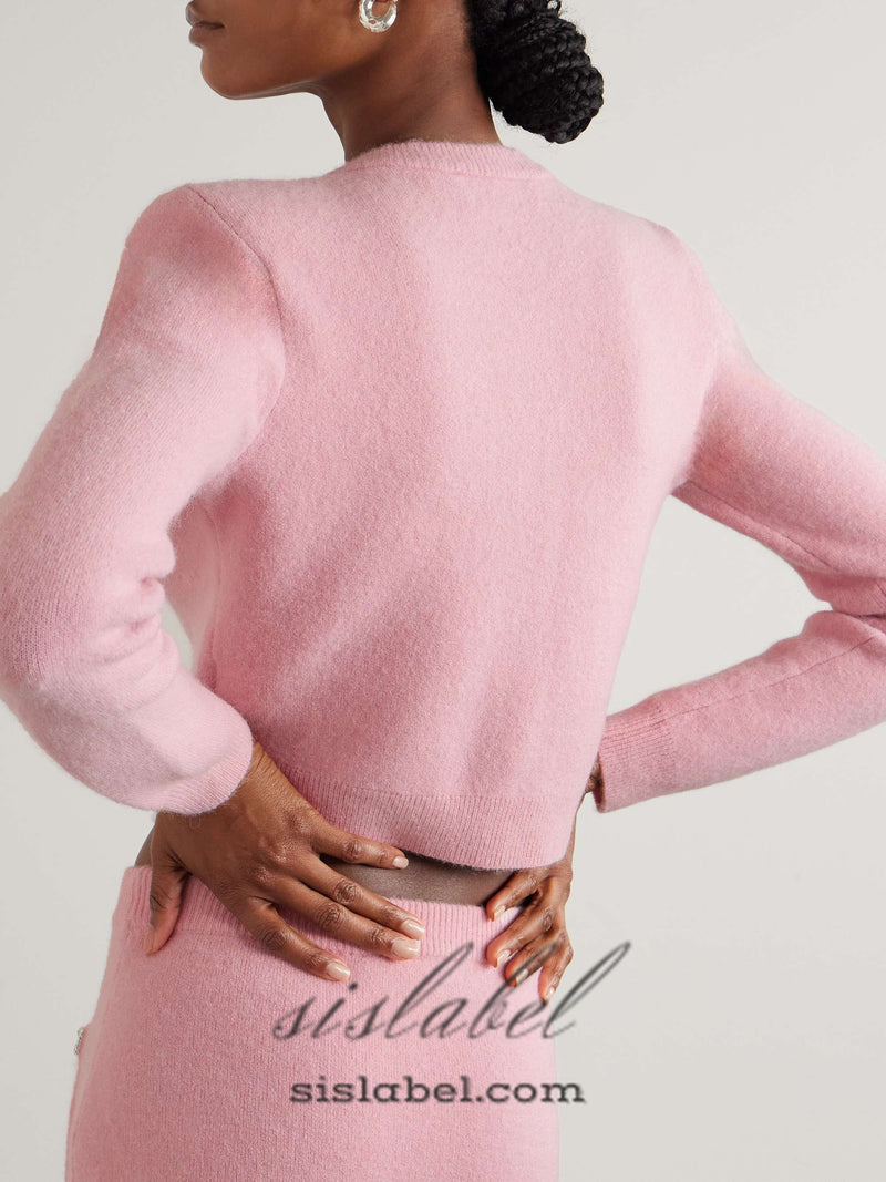 Rhinestone-embellishment padded-shoulders knitted cardigan in pink