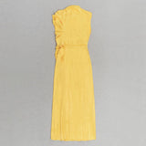 YELLOW MOCK NECK RUFFLE TRIM DRAPED DETAIL SATIN DRESS