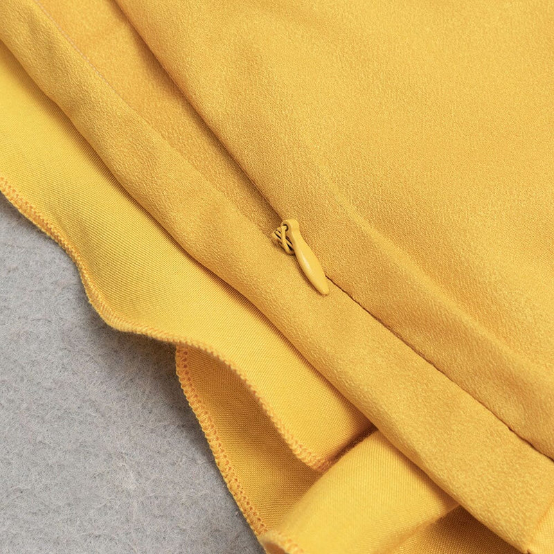 YELLOW MOCK NECK RUFFLE TRIM DRAPED DETAIL SATIN DRESS