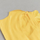 YELLOW MOCK NECK RUFFLE TRIM DRAPED DETAIL SATIN DRESS