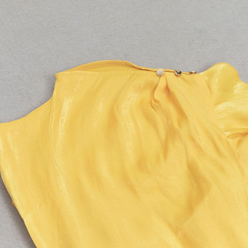 YELLOW MOCK NECK RUFFLE TRIM DRAPED DETAIL SATIN DRESS