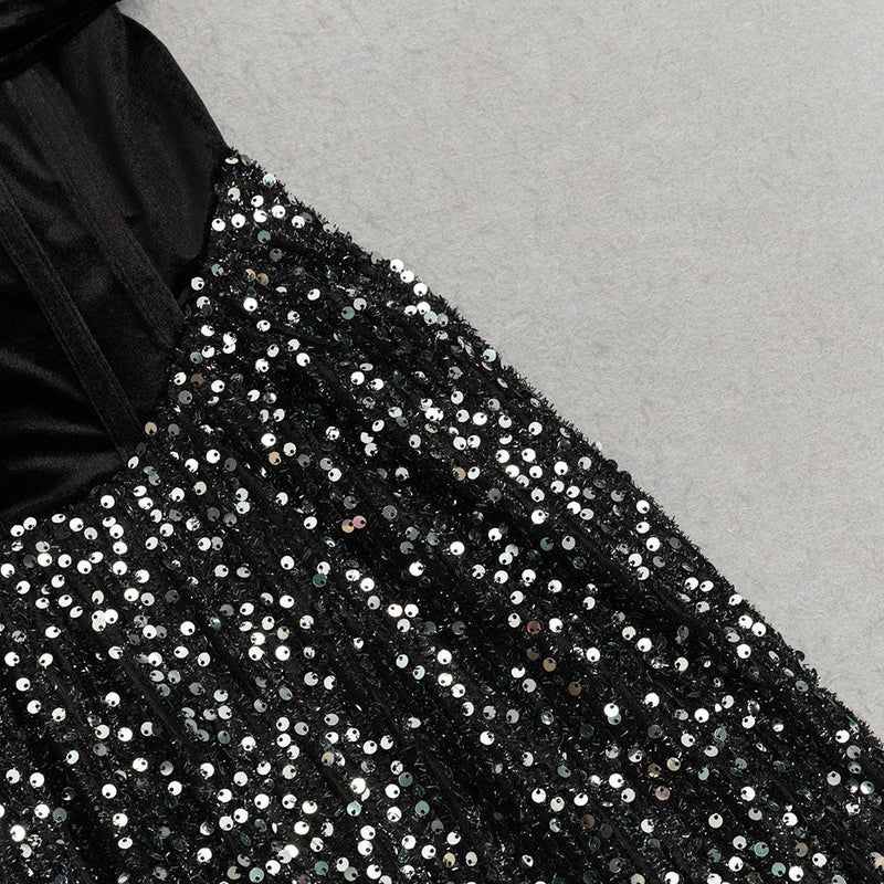 ROBE MAXI DRAPÉE EN VELOURS À SEQUINS NOIR