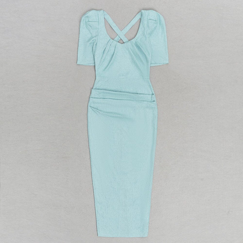 LIGHT GREEN PUFF SLEEVE SPLIT BACK BODYCON MIDI DRESS