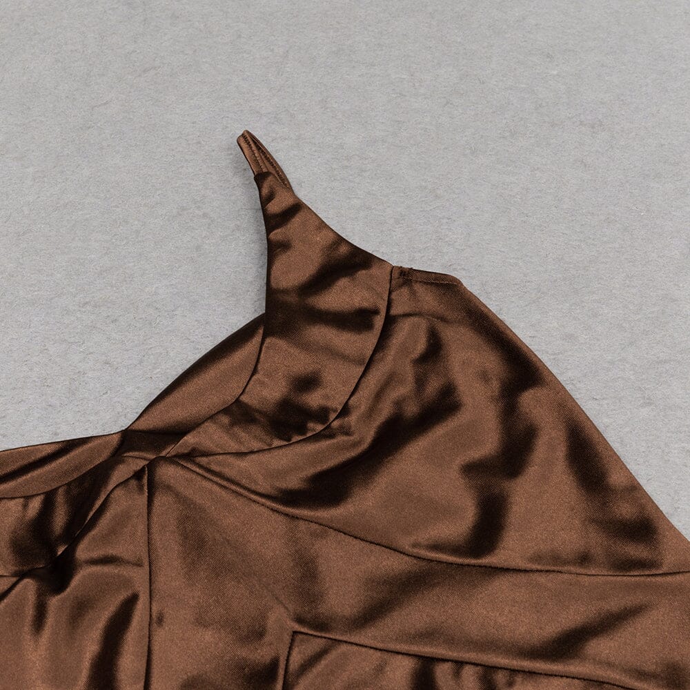SATIN SPLIT MAXI DRESS IN BROWN