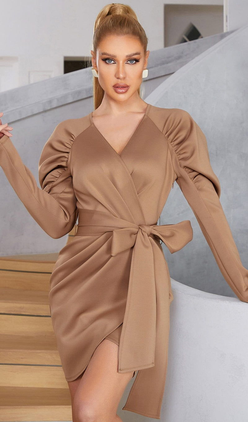 STRETCH LONG SLEEVES MINI DRESS IN PARCHMENT