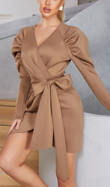 STRETCH LONG SLEEVES MINI DRESS IN PARCHMENT