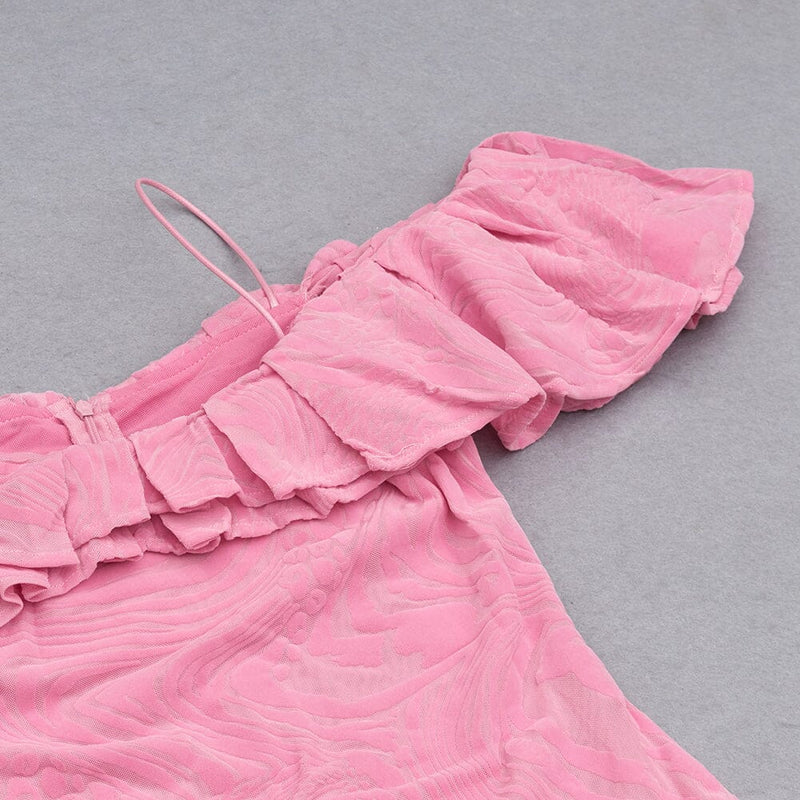 RUFFLE COLLAR OFF-THE-SHOULDER HIGH SLIT DRESS IN PINK