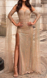 HIGH SPLIT GORGEOUS RHINESTONE DROP SLEEVE DRESS IN CHAMPAGNE