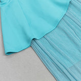 ONE SHOULDER BODYCON RUFFLED MESH BLUE PLEATED MIDI DRESS