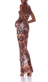 STRAPLESS FLORAL SEQUIN MAXI DRESS