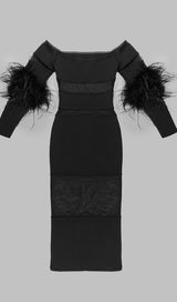 BANDAGE OFF-SHOULDER FEATHER MIDI DRESS IN BLACK