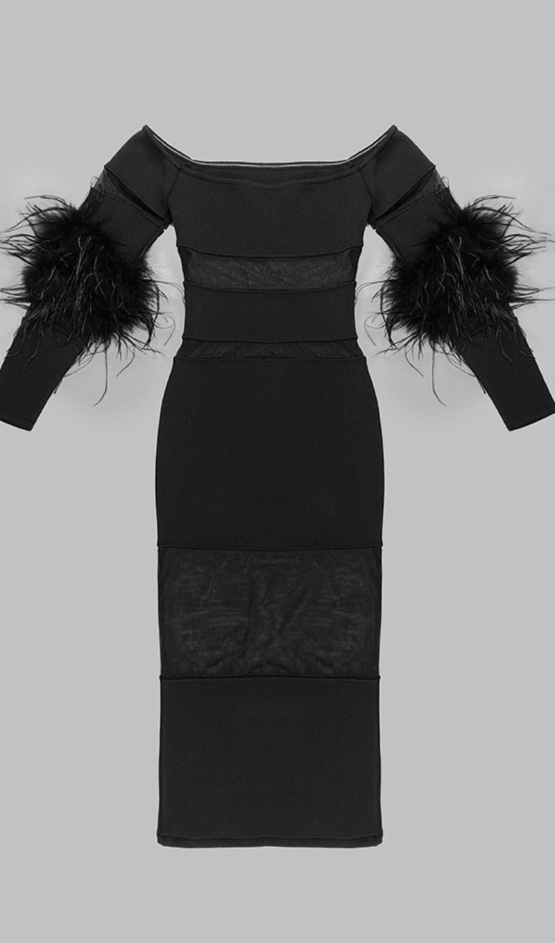 BANDAGE OFF-SHOULDER FEATHER MIDI DRESS IN BLACK