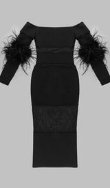 BANDAGE OFF-SHOULDER FEATHER MIDI DRESS IN BLACK