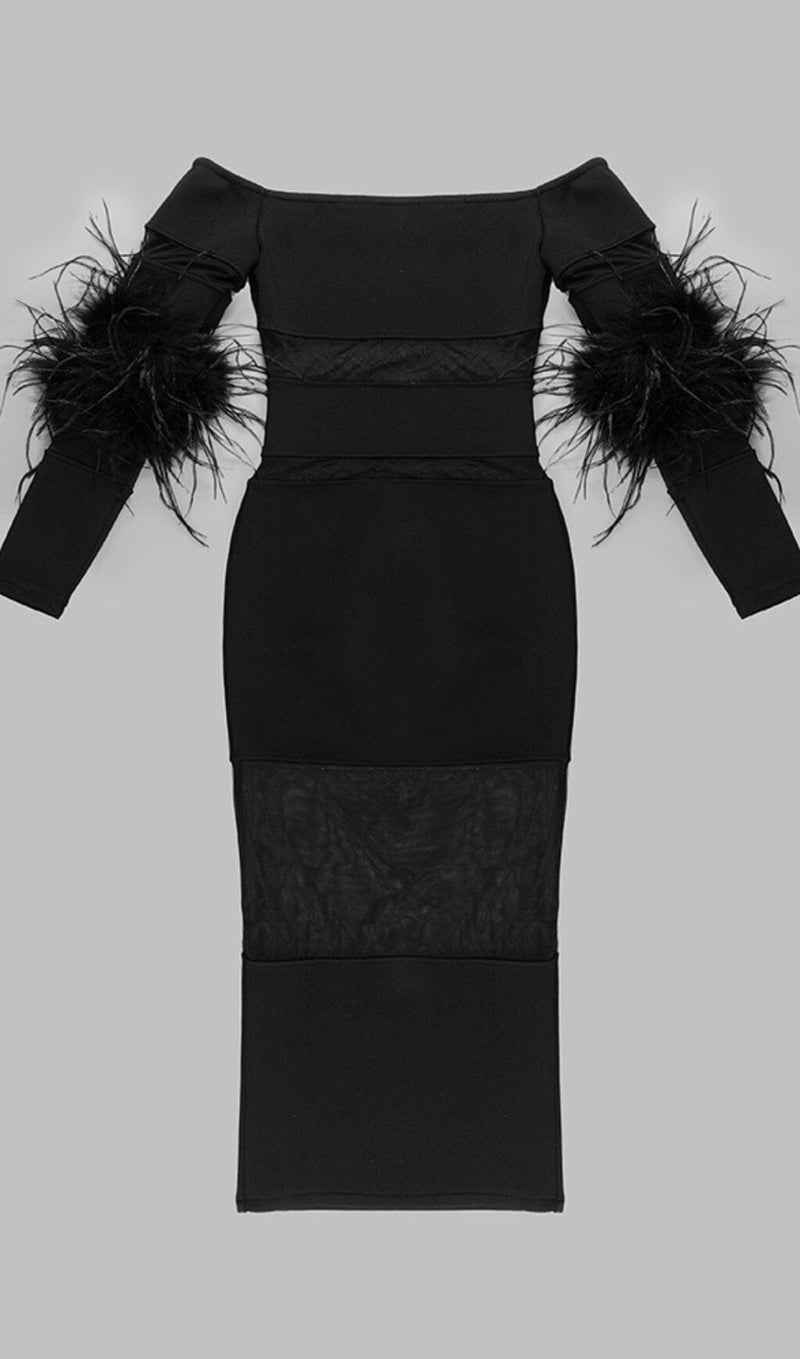 BANDAGE OFF-SHOULDER FEATHER MIDI DRESS IN BLACK