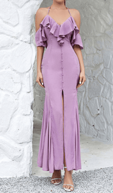 OFF-THE-SHOULDER PLEATED SLIT RUFFLED MAXI DRESS