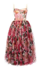 FLORAL-PRINT CORSET MIDI DRESS IN PINK