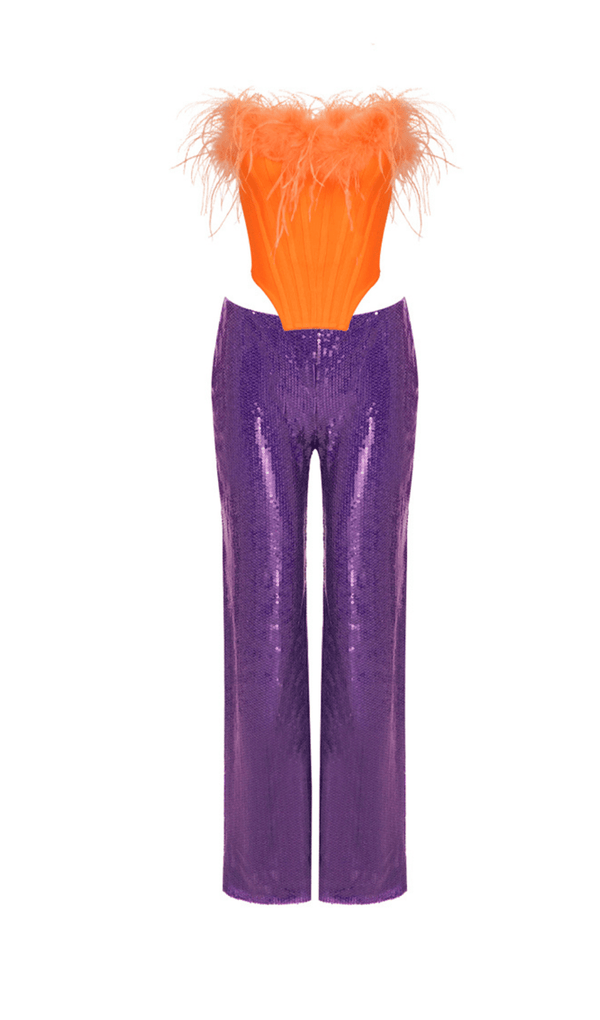 ORANGE FEATHER TUBE TOP & PURPLE SEQUINED TROUSERS TWO-PIECE SUIT