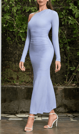 BLUE OFF-SHOULDER LONG-SLEEVED BODYCON MAXI DRESS