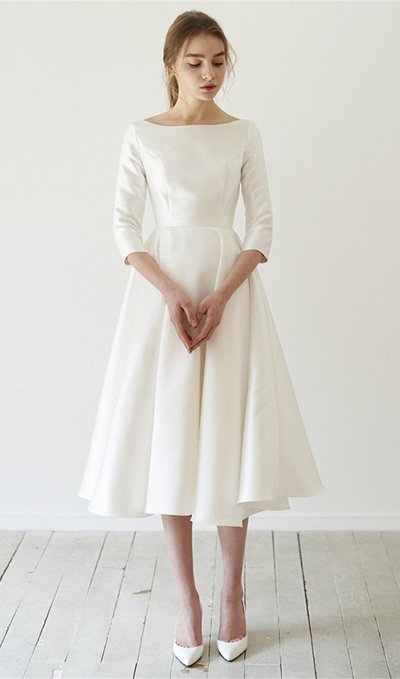 ELEGANT SATIN LONG SLEEVES MIDI DRESS IN IVORY