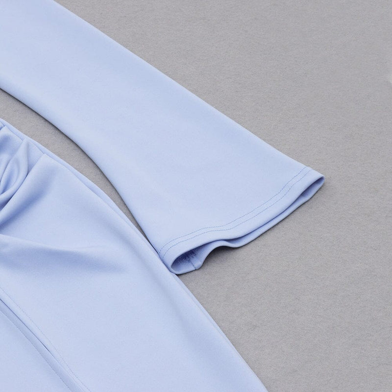 LIGHT BLUE SQUARE-NECK PUFF SLEEVE SIDE HIGH SLIT DRESS