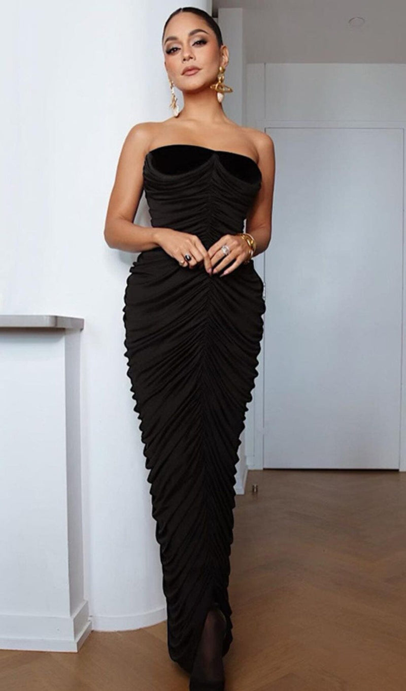 STRAPLESS PLEATED DRESS IN BLACK