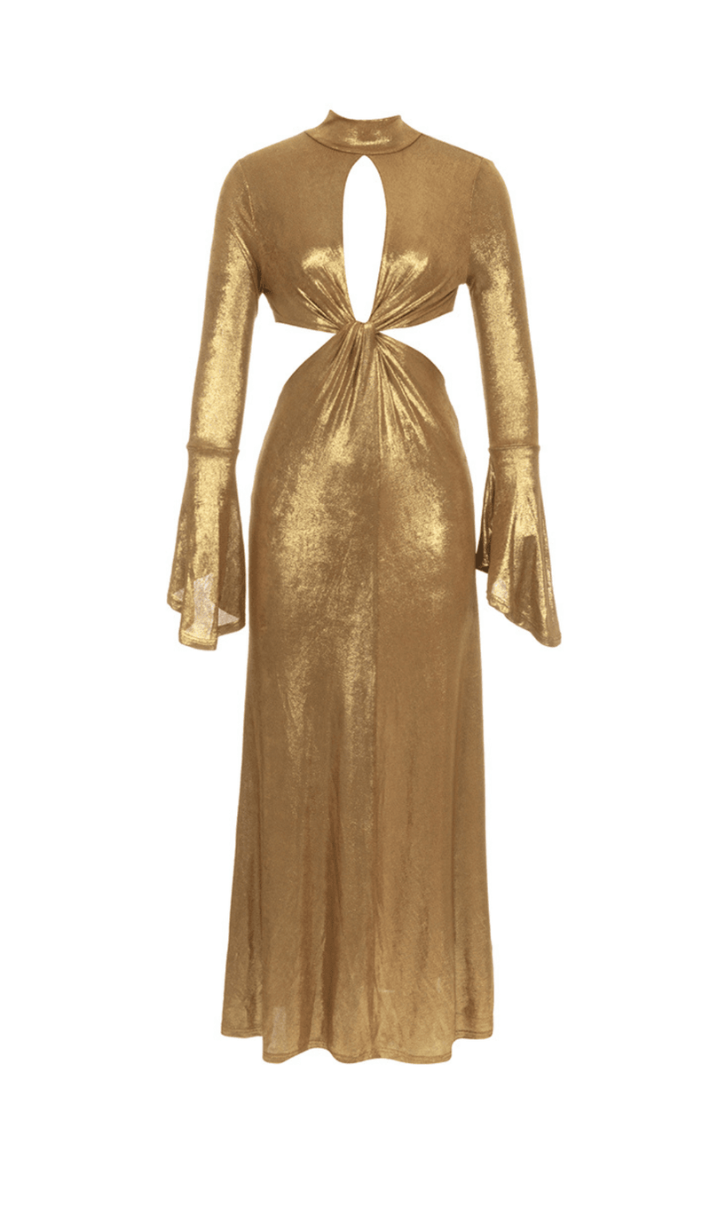 TRUMPET LONG-SLEEVE LOW-CUT CUTOUT GOLD MAXI DRESS