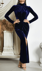 DARK BLUE HALF-HIGH COLLAR LONG-SLEEVED HOLLOW TIGHT SLIT MAXI DRESS