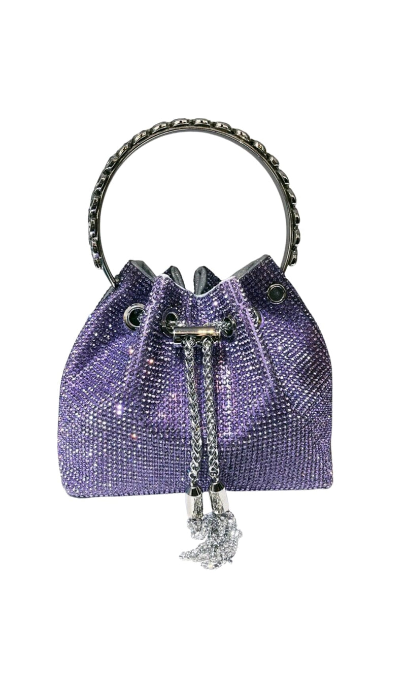 CRYSTAL EMBELLISHED BUCKET BAG IN PURPLE