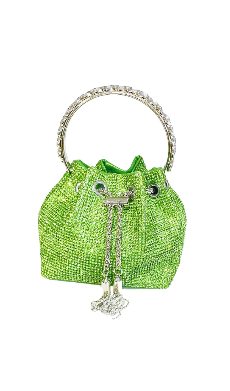 CRYSTAL EMBELLISHED BUCKET BAG IN GREEN