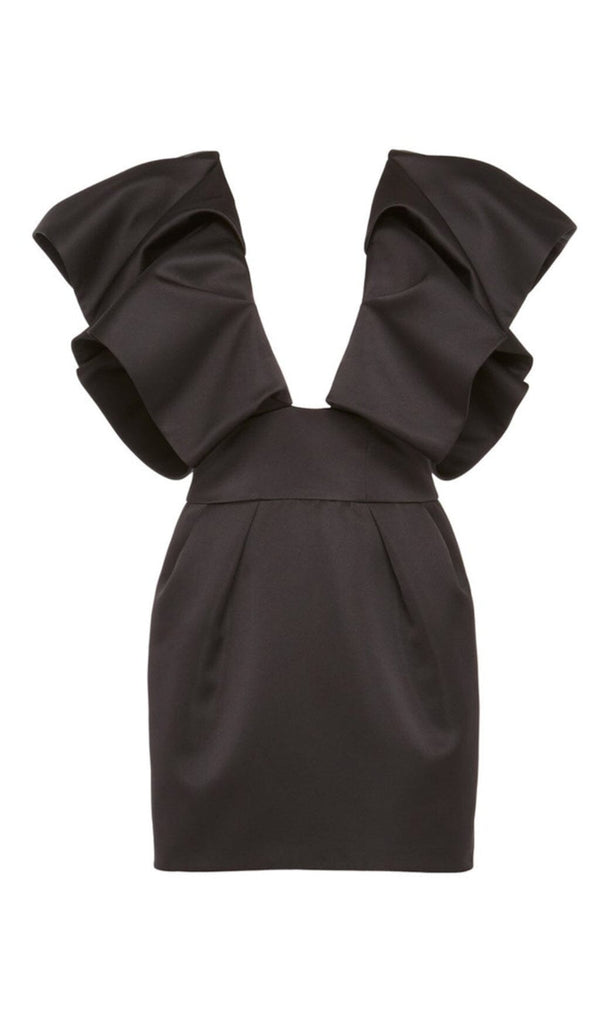 DEEP V THREE-DIMENSIONAL SHOULDER DESIGN DRESS IN BLACK